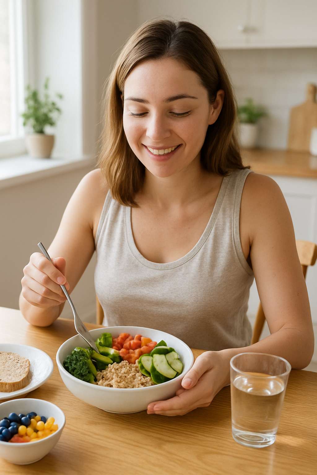 “Güneş ışığı alan mutfak masasında sağlıklı bir sebze ve tahıl kasesi hazırlayıp keyifle yiyen genç bir kadın.”