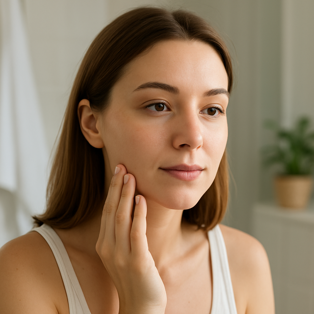 Modern bir banyoda aynanın karşısında yüzüne dokunarak cilt bakımını kontrol eden genç kadın.