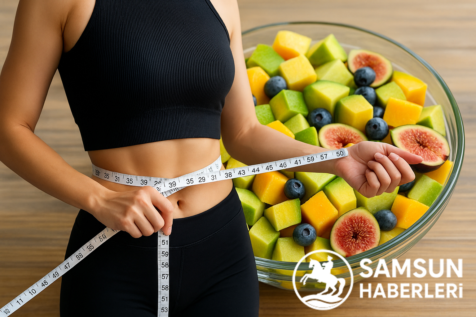Fit bir kadının beli mezura ile ölçülürken arka planda avokado, yeşil elma, yaban mersini, papaya ve incir küplerinden oluşan karışık bir meyve kasesi.