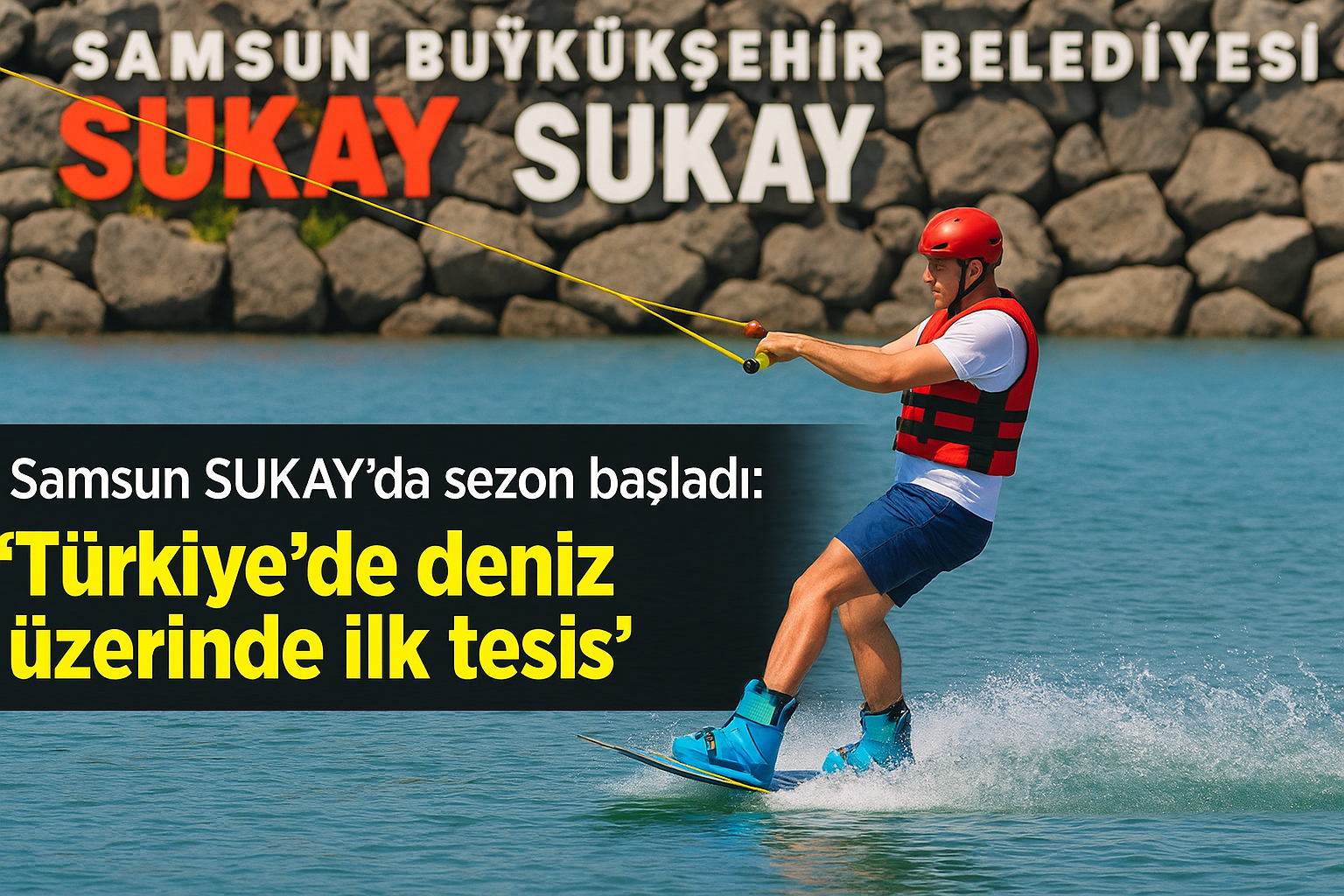 Kasklı ve kırmızı can yelekli sporcu, Karadeniz üzerinde su kayağı yaparken arka planda “Samsun Büyükşehir Belediyesi SUKAY” tabelası görünüyor.
